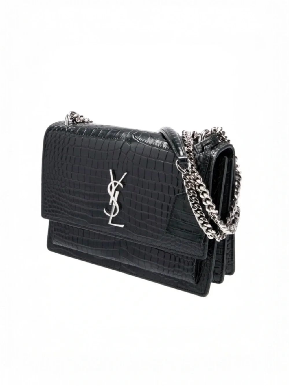 YSL Calfskin Crocodile‎ Embossed Medium Monogram Black Authentic 100%